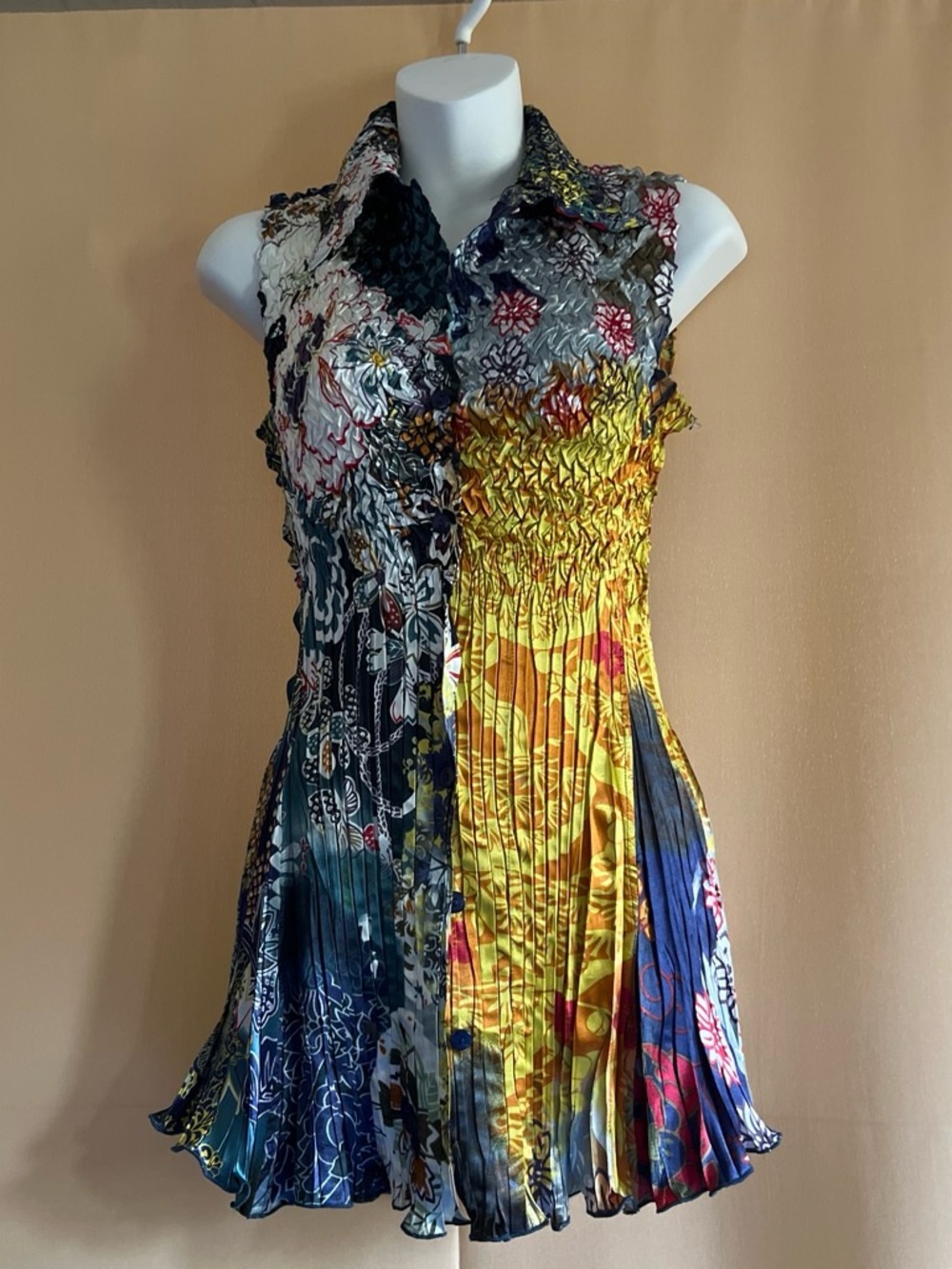 Alberto Makali Multi-Color Pleated Dress with Floral Motif